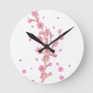 Horloge Ronde Branche de Sakura à Fleurs de Cerisier Roses