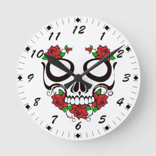 Horloge Ronde Bright Red Flowers Green Leaves Sugar Skull