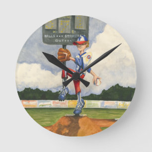 Horloge Ronde Broc de base-ball sur le monticule par geai