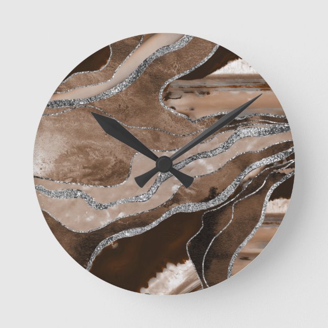 Horloge Ronde Brown Marbre Agate Parties scintillant argent Glam (Recto)