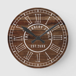 Horloge Ronde Brown Reclaimed Wood White Roman Numeral