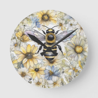 Horloge Ronde Bumble Bee printanier peint à la floraison.