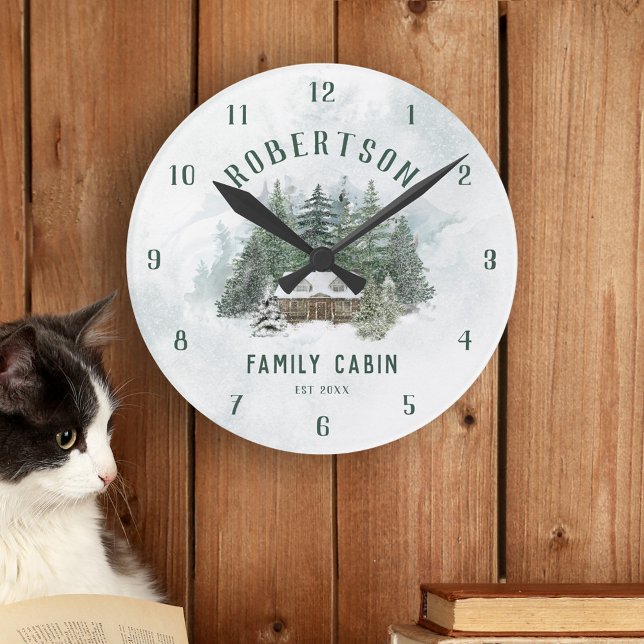 Horloge Ronde Cabine famille Aquarelle Forêt Pins Arbres (Créateur téléchargé)
