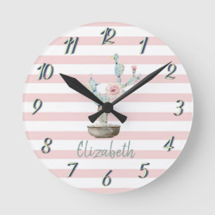 Horloge Ronde Cactus aquarelle chic, rayures roses  