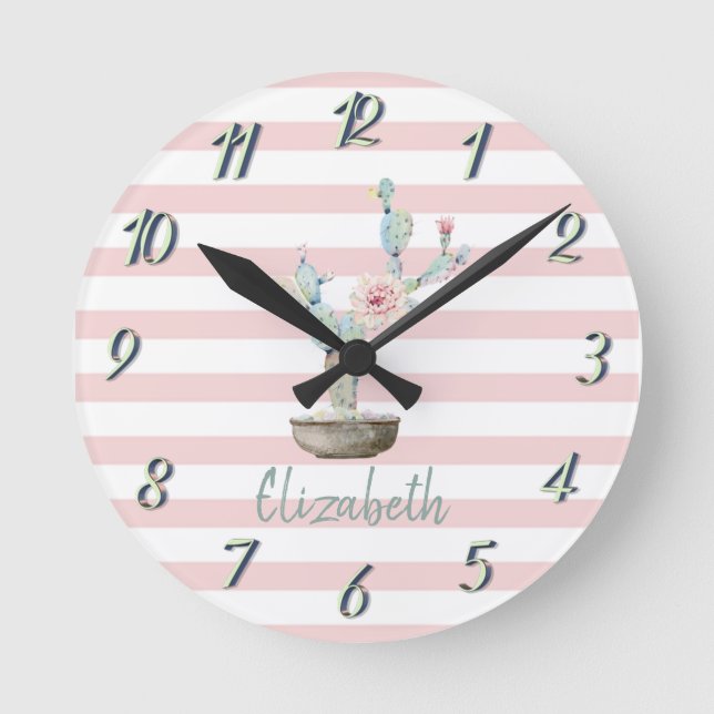 Horloge Ronde Cactus aquarelle chic, rayures roses   (Recto)