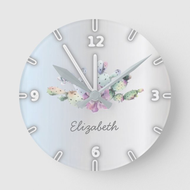 Horloge Ronde Cactus succulent aquarelle adorable, argent  (Recto)