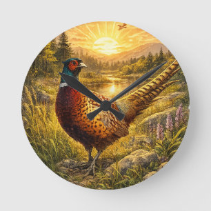 Horloge Ronde Cadeau de chasse au faisan Coucher de soleil Oisea