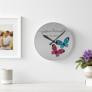 Horloge Ronde Cadeau de mariage personnalisé date Noms Gris arge