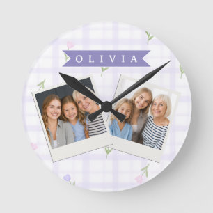 Horloge Ronde Cadeau personnalisé avec motif gingham lavande flo