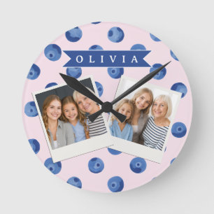 Horloge Ronde Cadeau Personnalisé Jolie Aquarelle Myrtille Bleue