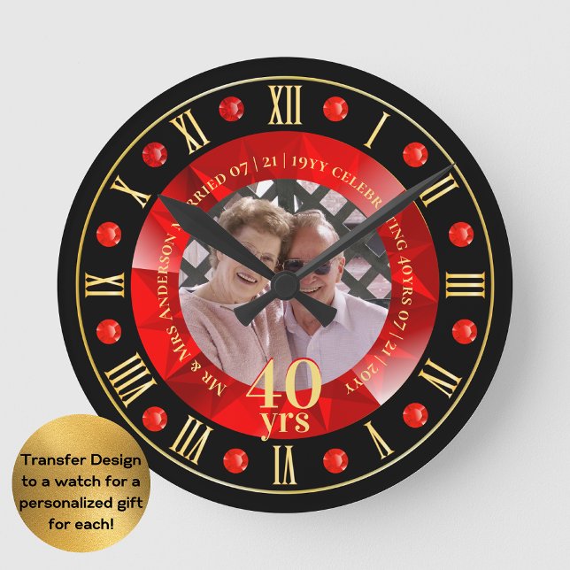 Horloge Ronde Cadeau PHOTO 40e Anniversaire de Mariage Rouge Rub (Créateur téléchargé)