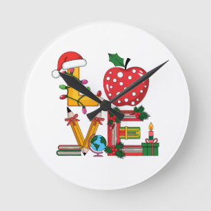 Horloge Ronde Cadeau pour Enseignant Crayon Apple Livres d'Amo