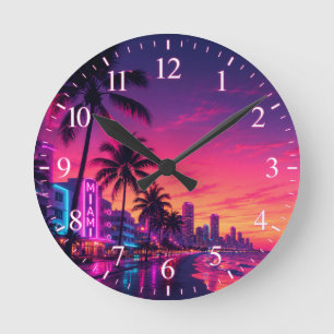 Horloge Ronde Cadran de l'horloge Coucher de soleil néon Miami