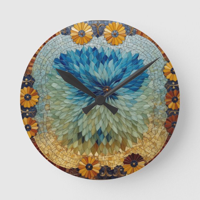 Horloge Ronde Cadran floral bleu vert mosaïque  (Recto)