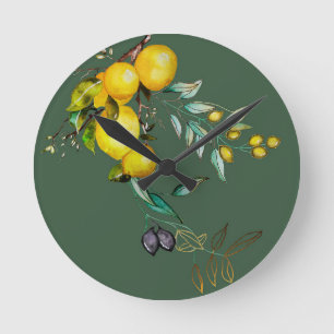Horloge Ronde Cadran mural aquarelle citron et olive