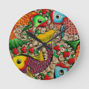 Horloge Ronde Cadran mural en céramique coloré en forme de poiss
