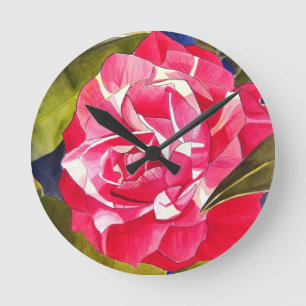 Horloge Ronde Camélia rose vif art aquarelle fleur