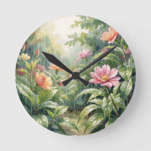 Horloge Ronde Camélias de jardin pluvieux aquarelle