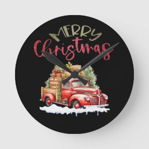 Horloge Ronde Camion Rouge Joyeux Noël Arbre Père Noël Mignon Vi