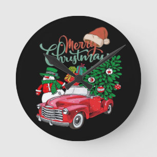 Horloge Ronde Camionnette Rouge Ramassage Sapin de Noël Joyeux N