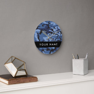 Horloge Ronde Camouflage Bleu Marine Personnalisez votre nom