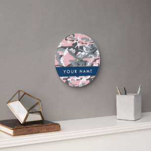 Horloge Ronde Camouflage rose et gris Personnalisez votre nom