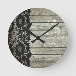 Horloge Ronde campagne bohème Lace noir vieux bois de grange rus