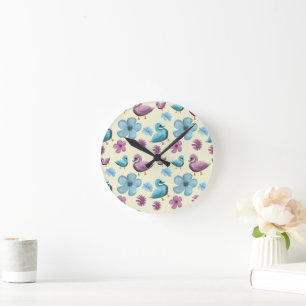 Horloge Ronde Canard mignon motif floral esthétique pastel kawai