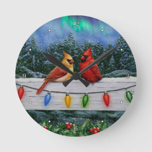Horloge Ronde Cardinaux et lumières de Noël Neige d'hiver