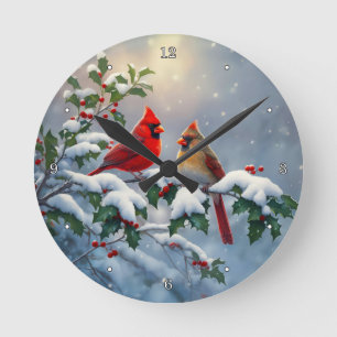 Horloge Ronde Cardinaux rouges et houx dans la neige
