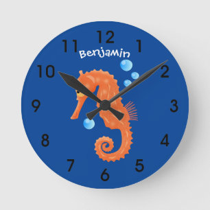 Horloge Ronde Caricature de bulles d'hippocampe orange