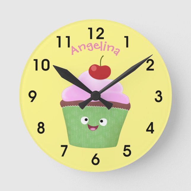 Horloge Ronde Caricature de cupcake joyeux (Recto)