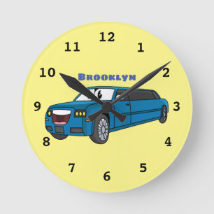 Horloge Ronde Caricature de la Limousine bleu mignonne