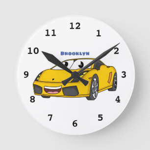 Horloge Ronde Caricature de voiture sport jaune joyeux
