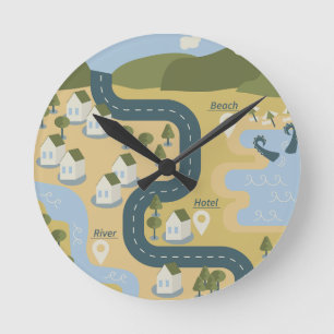 Horloge Ronde Caricature élégante paysage carte de voyage