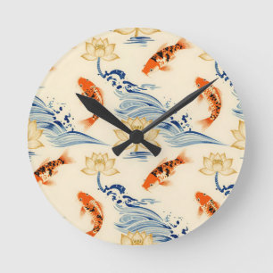 Horloge Ronde Carpe Koï et Motif Sans Couture de Lotus