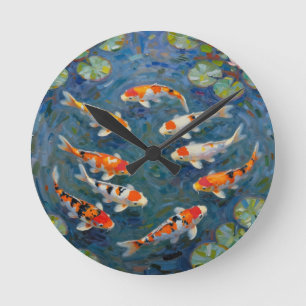 Horloge Ronde Carpes Koï Nymphéas Étang Impressionniste