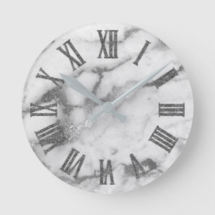 Horloge Ronde Carrare gris blanc argenté Numbe romain en pierre