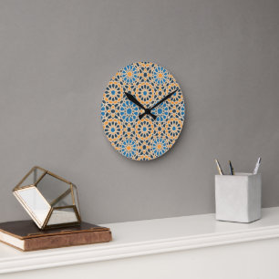 Horloge Ronde Carreau géométrique marocain & motif orange