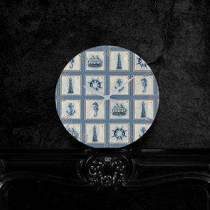 Horloge Ronde Carreaux marins   Blue Lighthouse Ancre Ship Wheel