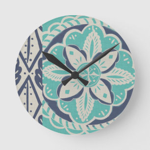 Horloge Ronde Carrelage bleu Batik IV