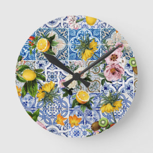 Horloge Ronde Carrelage de style sicilien avec fleurs et citron