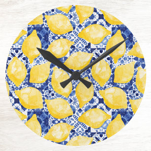 Horloge Ronde Carrelage motif méditerranéen bleu blanc citrus ci