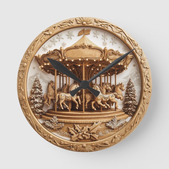 Horloge Ronde Carrousel en bois dans une scène enneigée (Recto)
