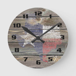 Horloge Ronde Carte authentique et rustique du Texas et drapeau