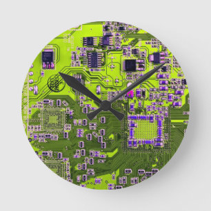 Horloge Ronde Carte de circuit Geek d'ordinateur Neon Jaune