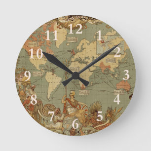 Horloge Ronde Carte du monde Antique 1886 Illustré