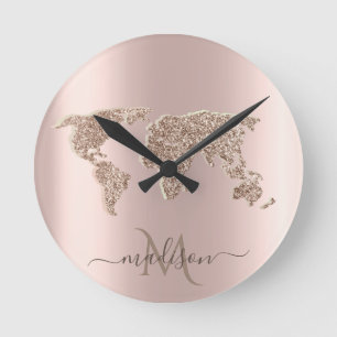 Horloge Ronde Carte du monde pailletée Voyage Rose Gold Monogram