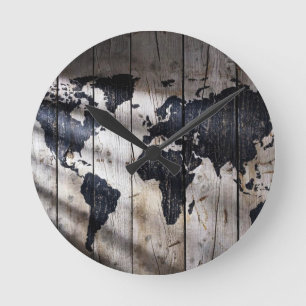 Horloge Ronde Carte du monde sur la texture du bois