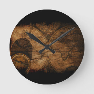 Horloge Ronde Carte et boussole du vieux monde rustique